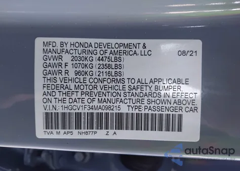 2021 Honda Accord Sport from USA, damaged, VIN 1HGCV1F34MA098215